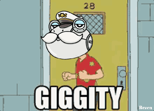 A Cartoon Of A Man Standing In Front Of A Door With The Words Giggity Written On It GIF