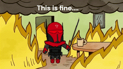 A Cartoon Of A Man Standing In Front Of A Fire With The Words `` This Is Fine '' Written On The Bottom . GIF