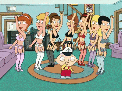 A Cartoon Of A Man Standing In Front Of A Group Of Women In Lingerie GIF