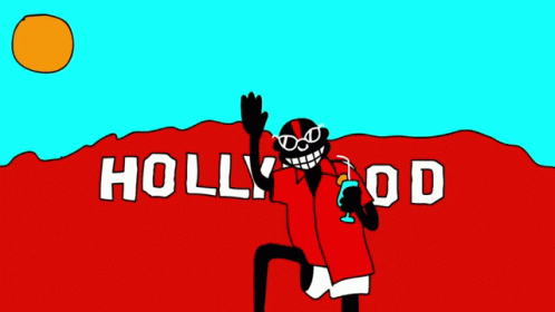 A Cartoon Of A Man Standing In Front Of A Hollywood Sign GIF