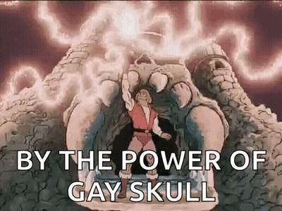A Cartoon Of A Man Standing In Front Of A Large Skull With The Words `` By The Power Of Gay Skull '' . GIF