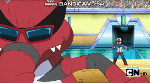 A Cartoon Of A Man Standing In Front Of A Red Monster With The Words Www.bandicam.com On The Bottom GIF