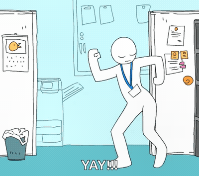 A Cartoon Of A Man Standing In Front Of A Refrigerator With The Word Yay Written Below Him GIF