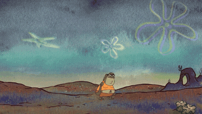 A Cartoon Of A Man Standing In Front Of A Spotlight With Spongebob Squarepants In The Background GIF
