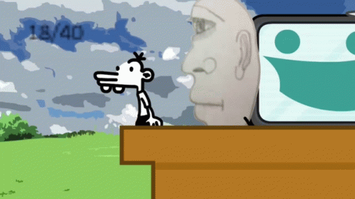 A Cartoon Of A Man Standing In Front Of A Statue With The Numbers 18 And 40 On It GIF