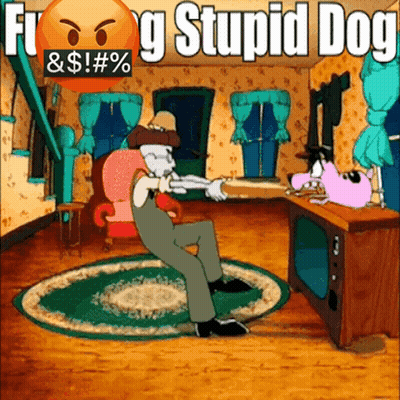 A Cartoon Of A Man Standing In Front Of A Television With The Words " Flying Stupid Dog " Written Above Him GIF