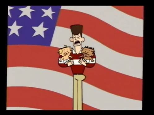 A Cartoon Of A Man Standing In Front Of An American Flag Holding Two Stuffed Animals GIF