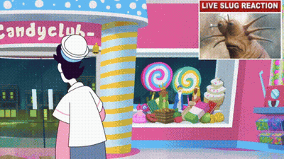 A Cartoon Of A Man Standing In Front Of Candy Club GIF