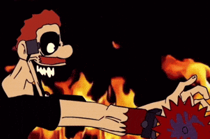 A Cartoon Of A Man Standing In Front Of Flames GIF