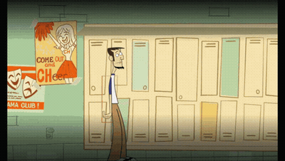 A Cartoon Of A Man Standing In Front Of Lockers With A Poster That Says Come Out And Cheer On It GIF