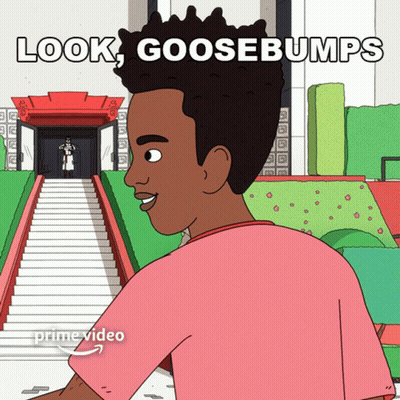 A Cartoon Of A Man Standing In Front Of Stairs With The Caption " Look Goosebumps " GIF