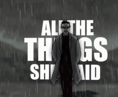 A Cartoon Of A Man Standing In The Rain With The Words All The Thugs Shall Aid GIF