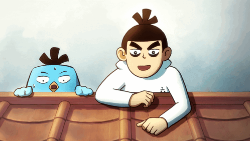 A Cartoon Of A Man Standing Next To A Blue Bird With A Surprised Look On Its Face GIF
