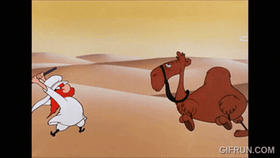 A Cartoon Of A Man Standing Next To A Camel With The Website Gifrun.com At The Bottom Of The Screen GIF