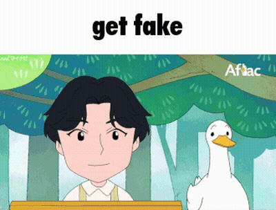 A Cartoon Of A Man Standing Next To A Duck With The Words Get Fake Below Him GIF