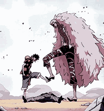 A Cartoon Of A Man Standing Next To A Giant Monster In The Desert . GIF