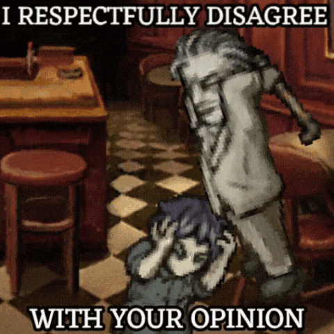 A Cartoon Of A Man Standing Next To A Girl With The Words I Respectfully Disagree With Your Opinion GIF