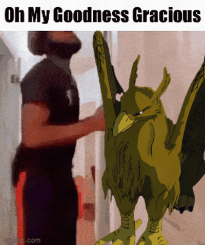 A Cartoon Of A Man Standing Next To A Griffin With The Words Oh My Goodness Gracious Below It GIF
