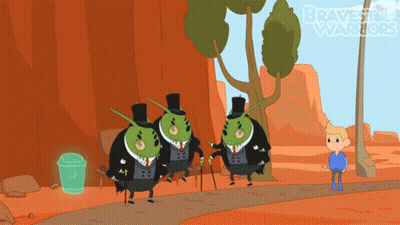 A Cartoon Of A Man Standing Next To A Group Of Grasshoppers With The Words Bravest Warriors On The Bottom GIF