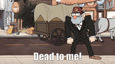 A Cartoon Of A Man Standing Next To A Horse Drawn Wagon With The Words Dead To Me On The Bottom GIF