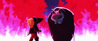 A Cartoon Of A Man Standing Next To A Large Wolf GIF