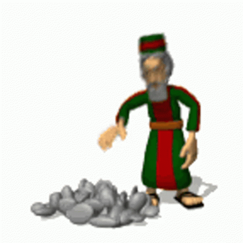 A Cartoon Of A Man Standing Next To A Pile Of Rocks . GIF