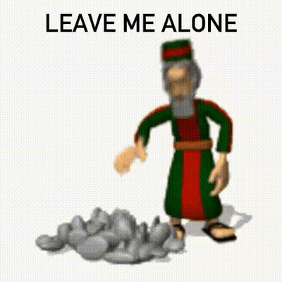 A Cartoon Of A Man Standing Next To A Pile Of Rocks With The Words `` Leave Me Alone '' Written Below Him . GIF