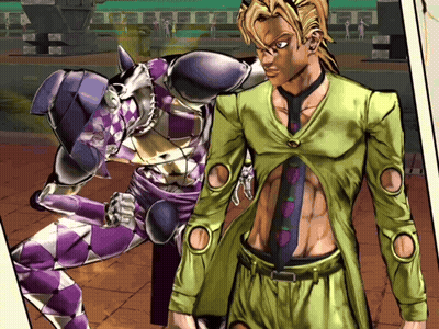 A Cartoon Of A Man Standing Next To A Purple And White Character GIF