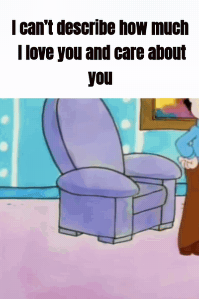A Cartoon Of A Man Standing Next To A Purple Chair That Says I Can 'T Describe How Much I Love You GIF