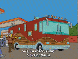 A Cartoon Of A Man Standing Next To A Red Bus That Says She 'S A Road Away Silver Coach GIF