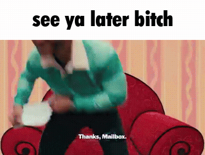A Cartoon Of A Man Standing Next To A Red Chair With The Words See Ya Later Bitch GIF