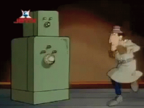 A Cartoon Of A Man Standing Next To A Safe With A Jetsons Logo On It GIF
