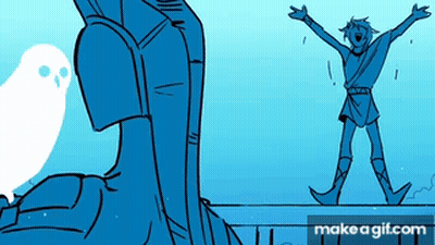a cartoon of a man standing next to a statue with his arms outstretched and a bird .