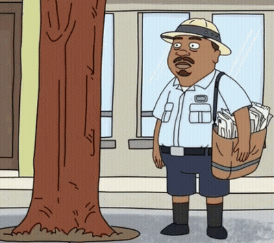 A Cartoon Of A Man Standing Next To A Tree With A Bag Of Newspapers GIF