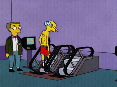 A Cartoon Of A Man Standing Next To An Escalator With A Monitor That Shows A Heartbeat GIF