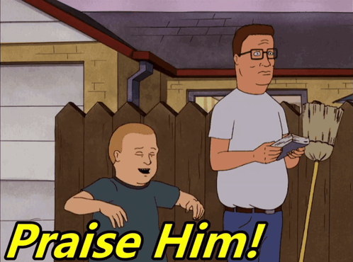 A Cartoon Of A Man Standing Next To Another Man With The Words Praise Him Written Above Them GIF