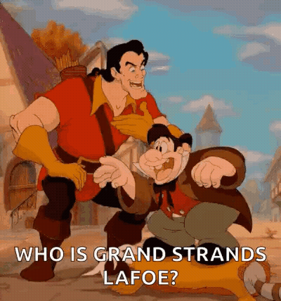 A Cartoon Of A Man Standing Next To Another Man With The Words `` Who Is Grand Strands Lafoe ? '' GIF