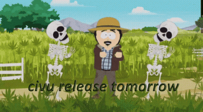 A Cartoon Of A Man Standing Next To Two Skeletons With The Words Civu Release Tomorrow Below Him GIF