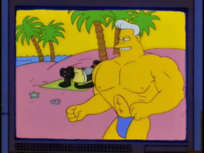 A Cartoon Of A Man Standing On A Beach With Palm Trees GIF