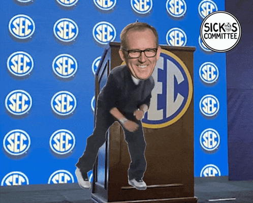 A Cartoon Of A Man Standing On A Podium With The Sec Logo Behind Him GIF