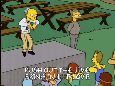 A Cartoon Of A Man Standing On A Podium With The Words Push Out The Jive Bring In The Love GIF