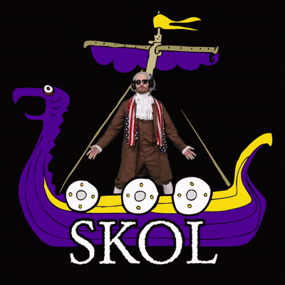 A Cartoon Of A Man Standing On A Purple And Yellow Ship With The Word Skol On It GIF