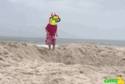 A Cartoon Of A Man Standing On A Sandy Beach With A Creepz Logo In The Corner GIF
