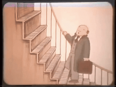 A Cartoon Of A Man Standing On A Set Of Stairs With A Briefcase GIF