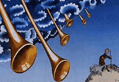 A Cartoon Of A Man Standing On Top Of A Hill With Trumpets Flying In The Sky . GIF