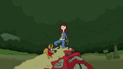 A Cartoon Of A Man Standing On Top Of A Pile Of Dead Zombies With The Words Fallout Time In Green Letters GIF