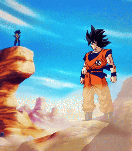 A Cartoon Of A Man Standing On Top Of A Rock Looking At Another Man Standing Below Him GIF