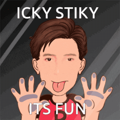 A Cartoon Of A Man Sticking His Tongue Out With The Words Icky Stiky Its Fun Above Him GIF