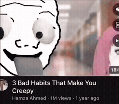 A Cartoon Of A Man Sticking Out His Tongue With The Words `` 3 Bad Habits That Make You Creepy '' Written Below It . GIF