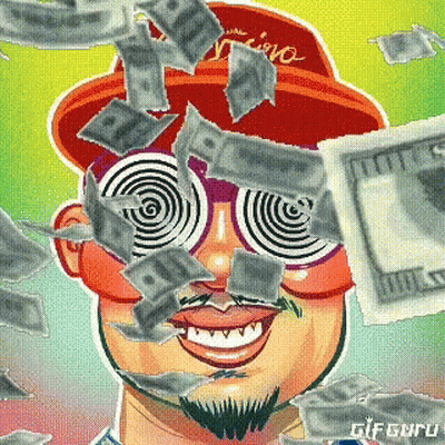 a cartoon of a man surrounded by money with the words gif guru at the bottom